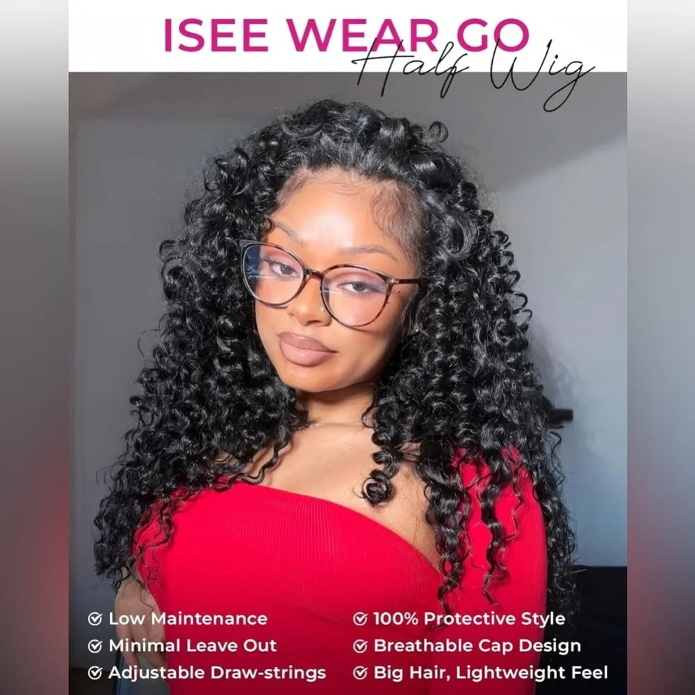 Isee Natural Black Water Wave Human Hair Glueless 26 Inch Half Wig